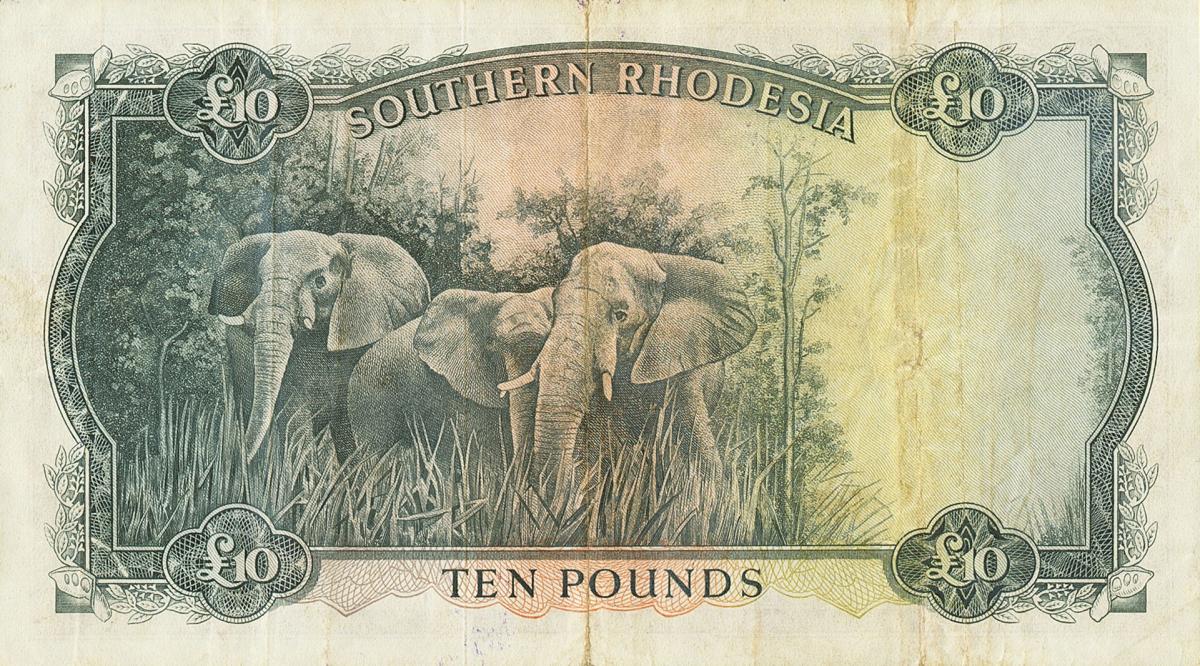 Back of Southern Rhodesia p15a: 10 Pounds from 1953