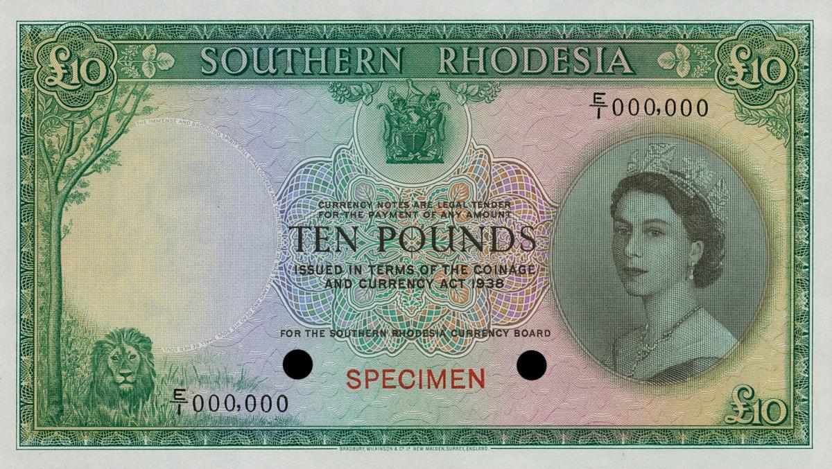 Front of Southern Rhodesia p15ct: 10 Pounds from 1953