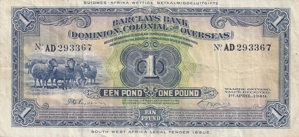 Front of Southwest Africa p2c: 1 Pound from 1943