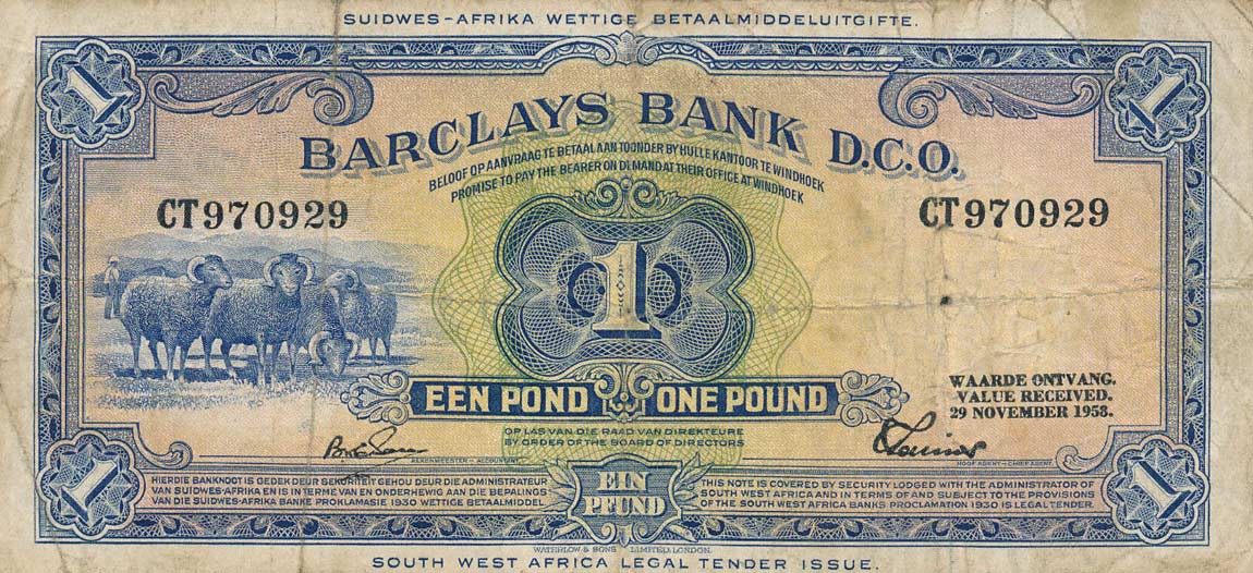 Front of Southwest Africa p5c: 1 Pound from 1958