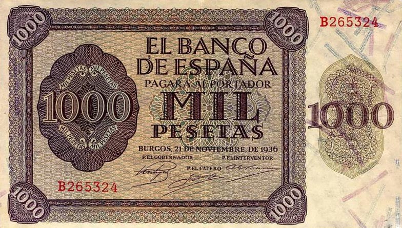 Front of Spain p103a: 1000 Pesetas from 1936