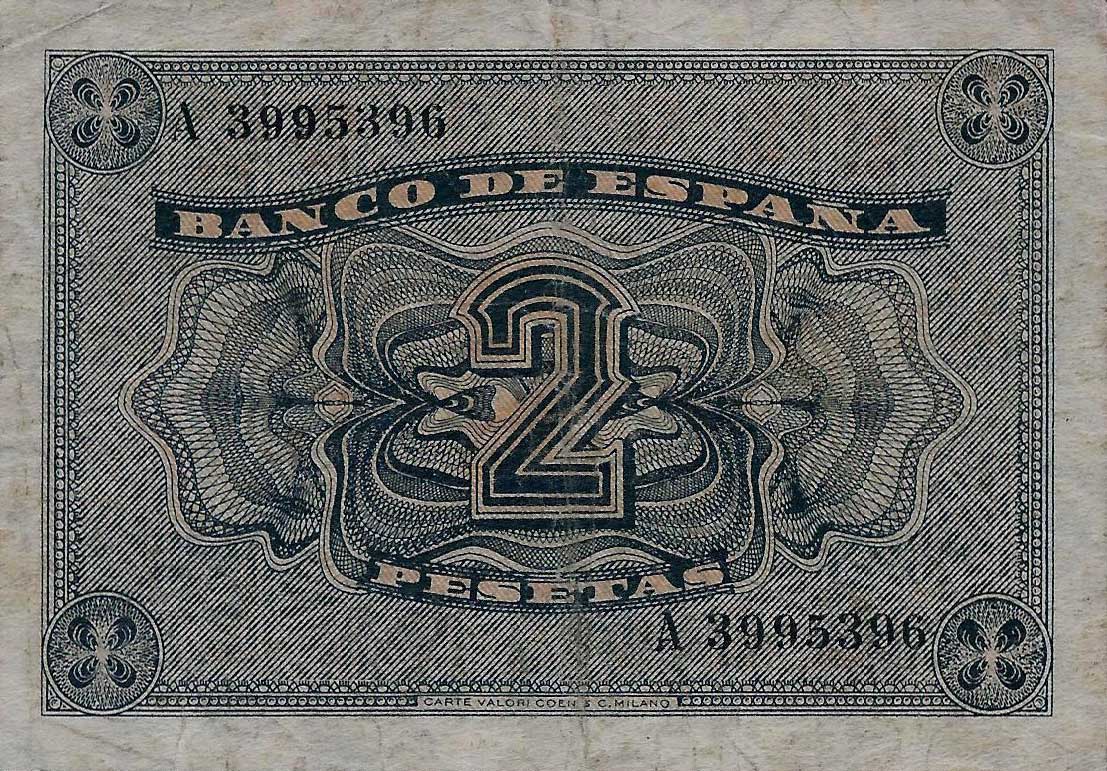 Back of Spain p105a: 2 Pesetas from 1937