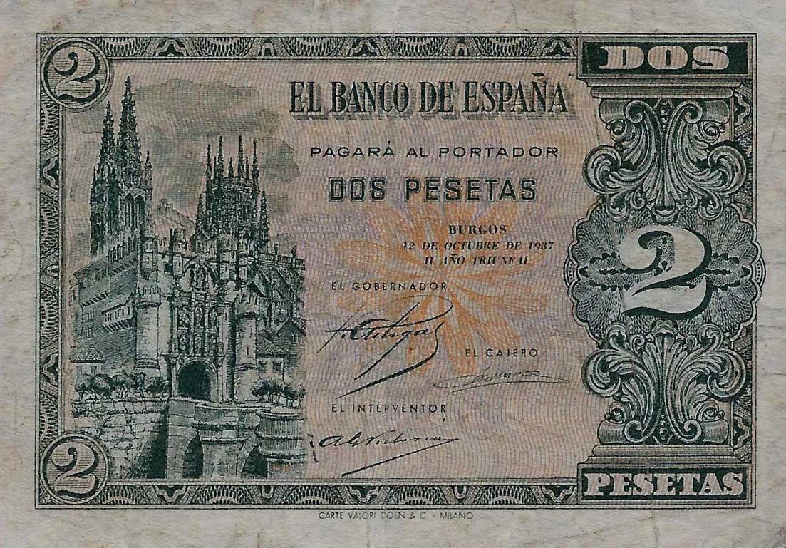 Front of Spain p105a: 2 Pesetas from 1937