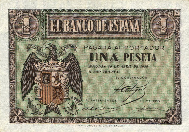 Front of Spain p108a: 1 Peseta from 1938