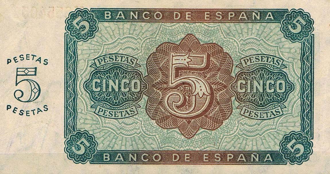 Back of Spain p110a: 5 Pesetas from 1938
