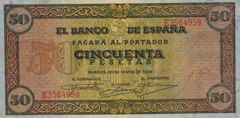 Front of Spain p112a: 50 Pesetas from 1938