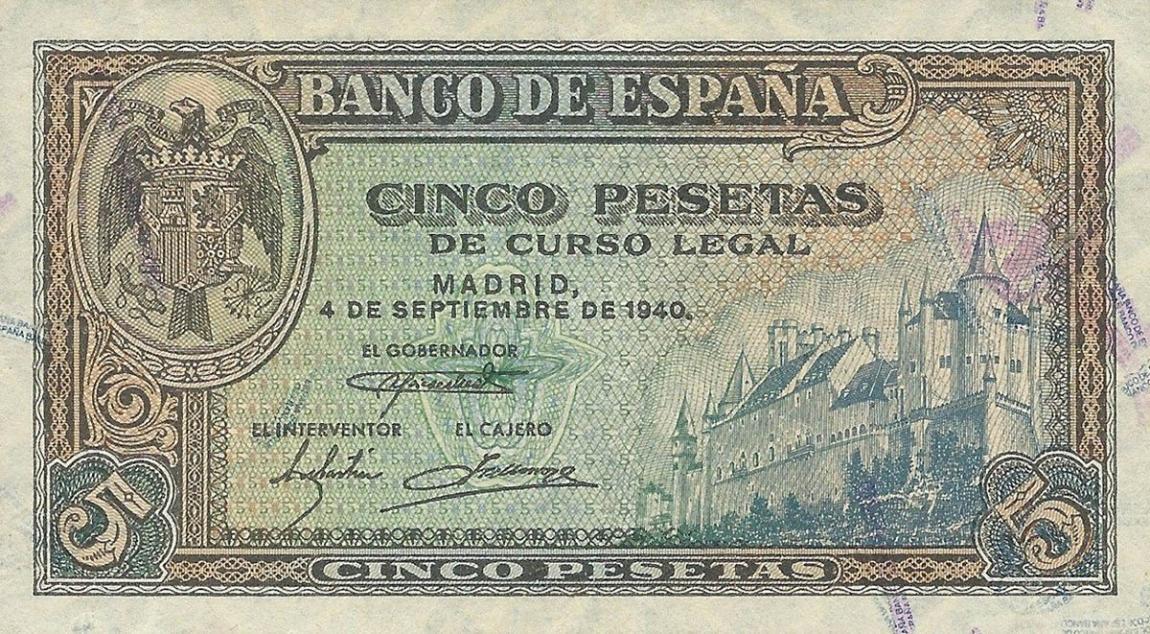Front of Spain p123a: 5 Pesetas from 1940