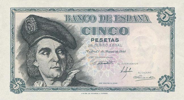Front of Spain p136a: 5 Pesetas from 1948