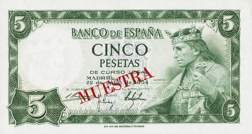 Front of Spain p146s: 5 Pesetas from 1954