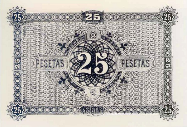 Back of Spain p1: 25 Pesetas from 1874