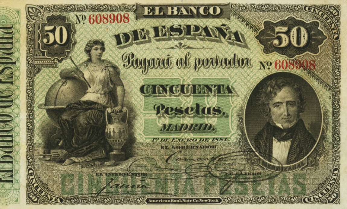 Front of Spain p25a: 50 Pesetas from 1884
