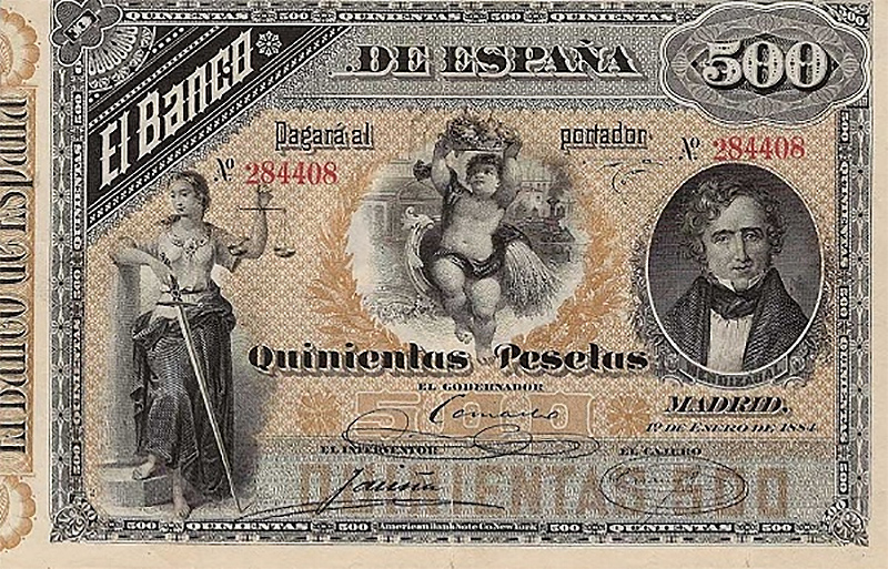 Front of Spain p27a: 500 Pesetas from 1884