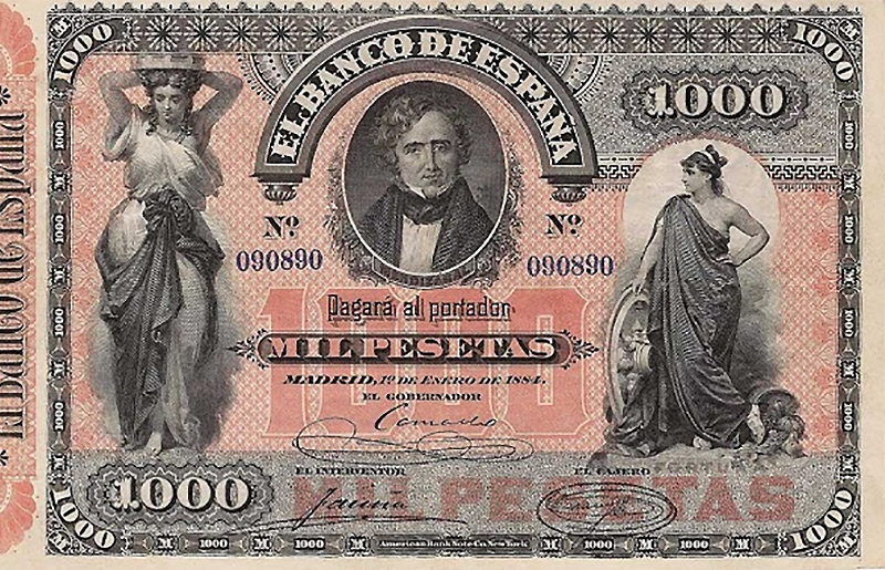 Front of Spain p28a: 1000 Pesetas from 1884