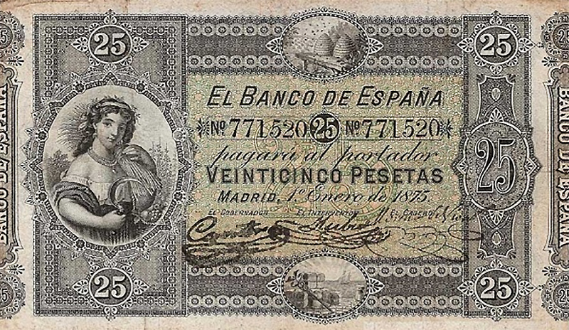 Front of Spain p6a: 25 Pesetas from 1875
