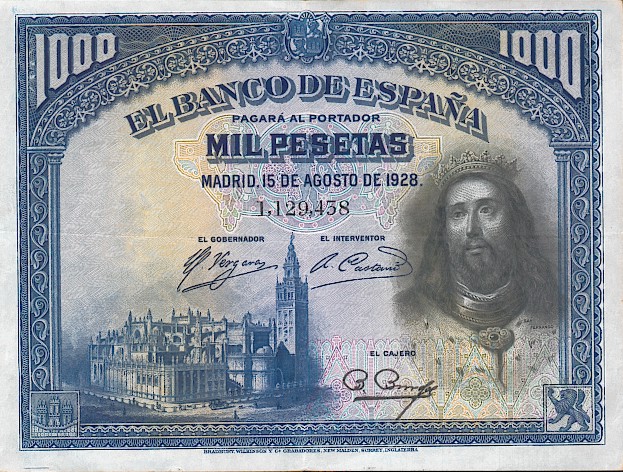 Front of Spain p78a: 1000 Pesetas from 1928