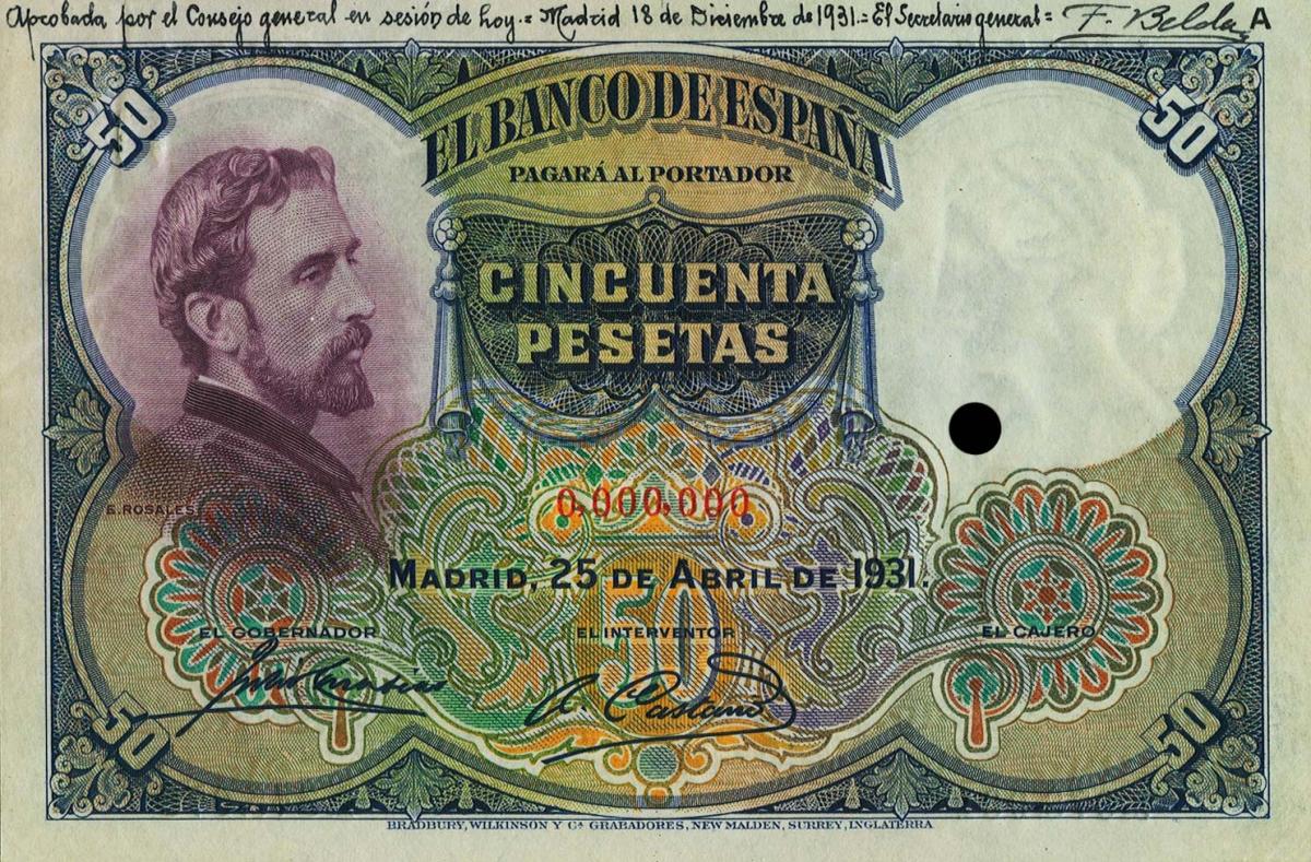 Front of Spain p82s: 50 Pesetas from 1931