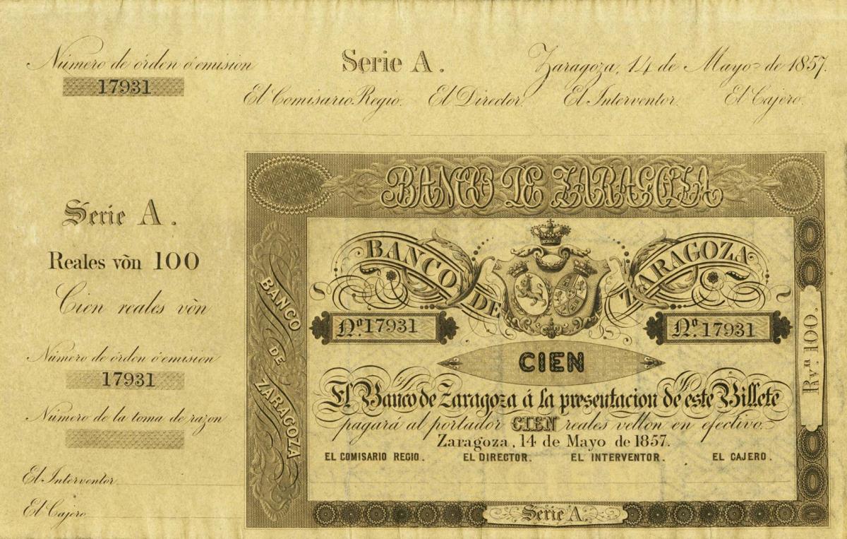 Front of Spain pS451r: 100 Reales de Vellón from 1857