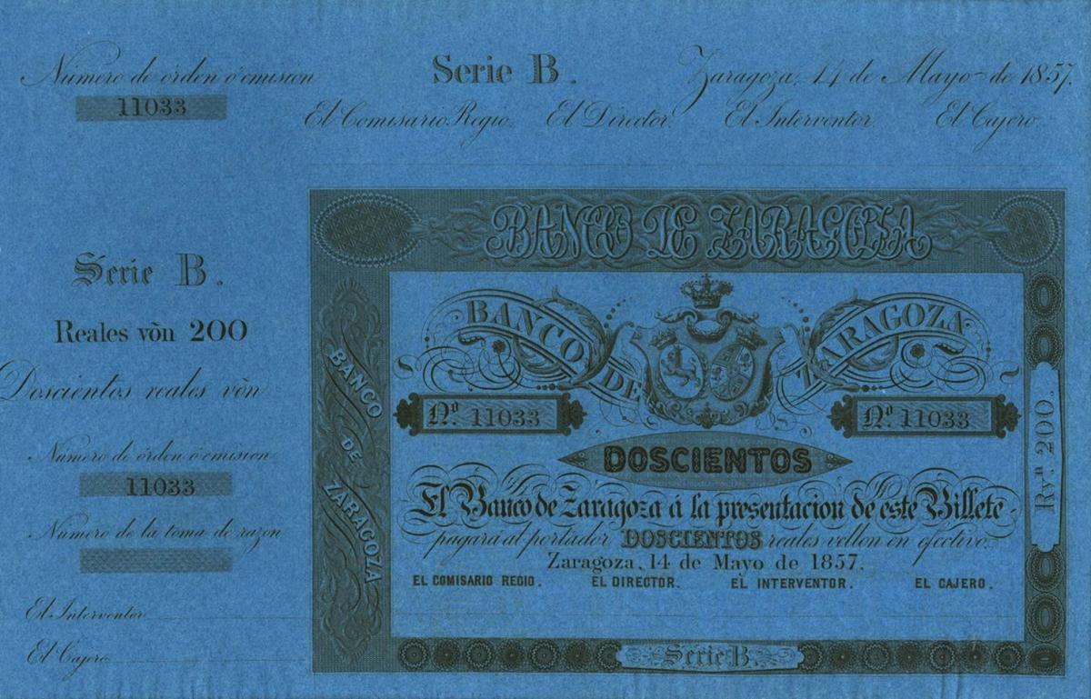 Front of Spain pS452r: 200 Reales de Vellón from 1857