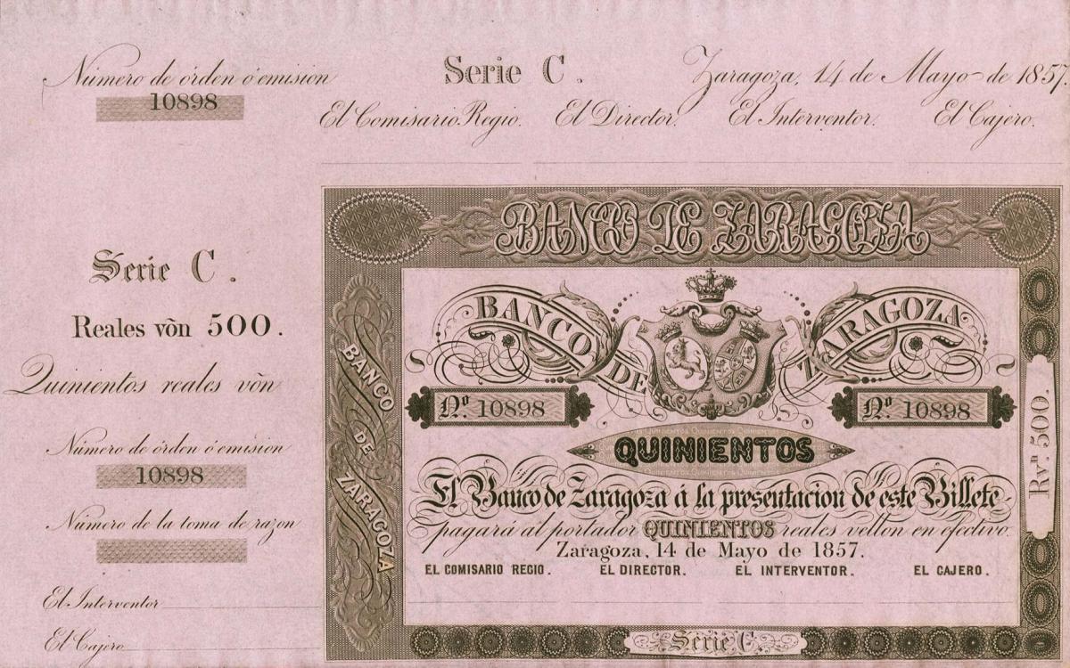 Front of Spain pS453r: 500 Reales de Vellón from 1857