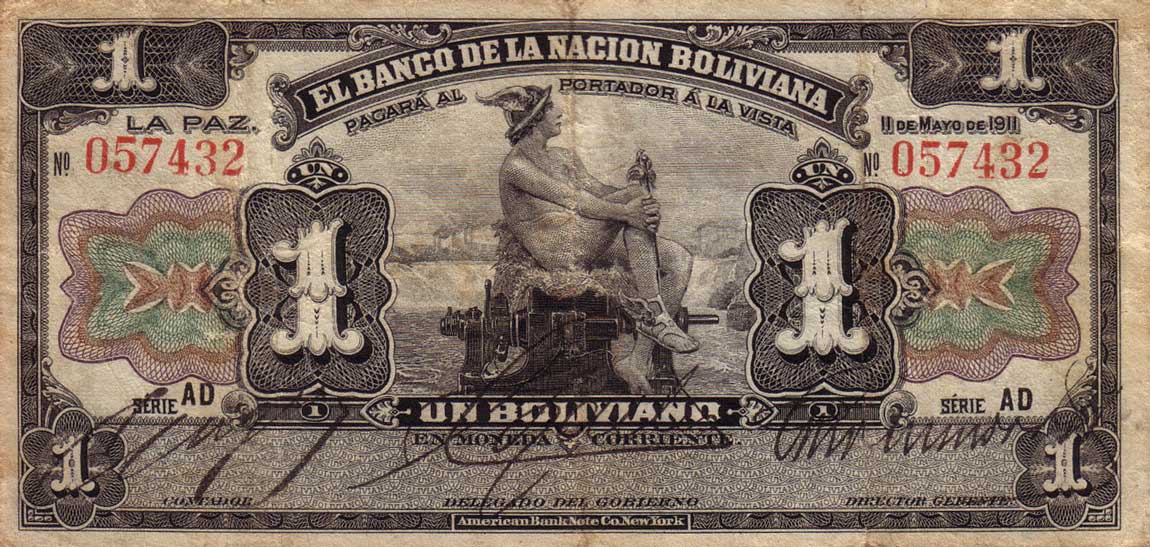 Front of Bolivia p102a: 1 Boliviano from 1911