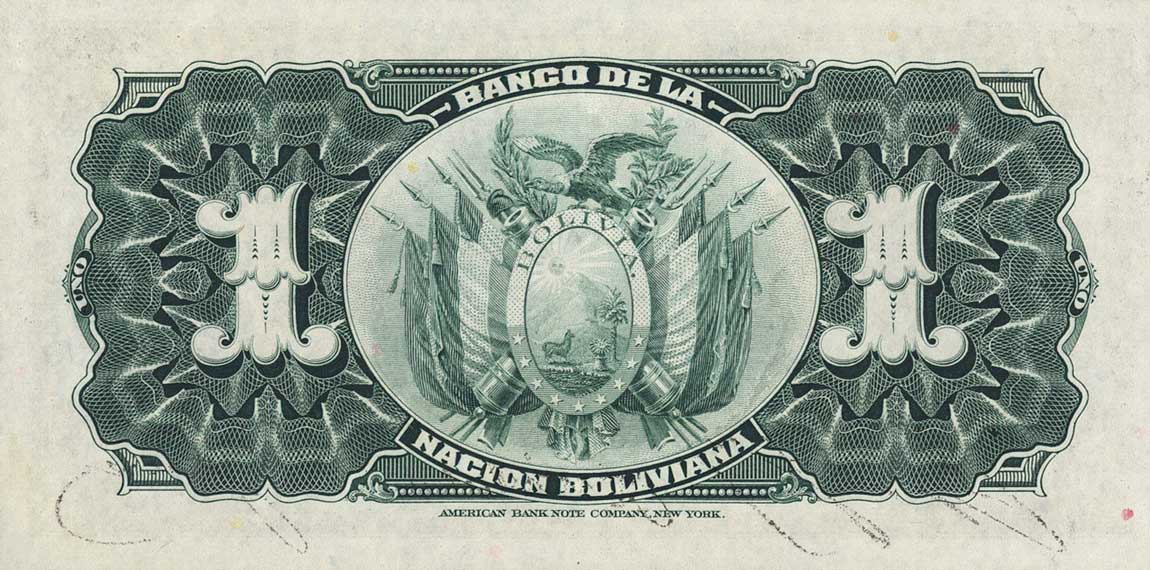 Back of Bolivia p103a: 1 Boliviano from 1911