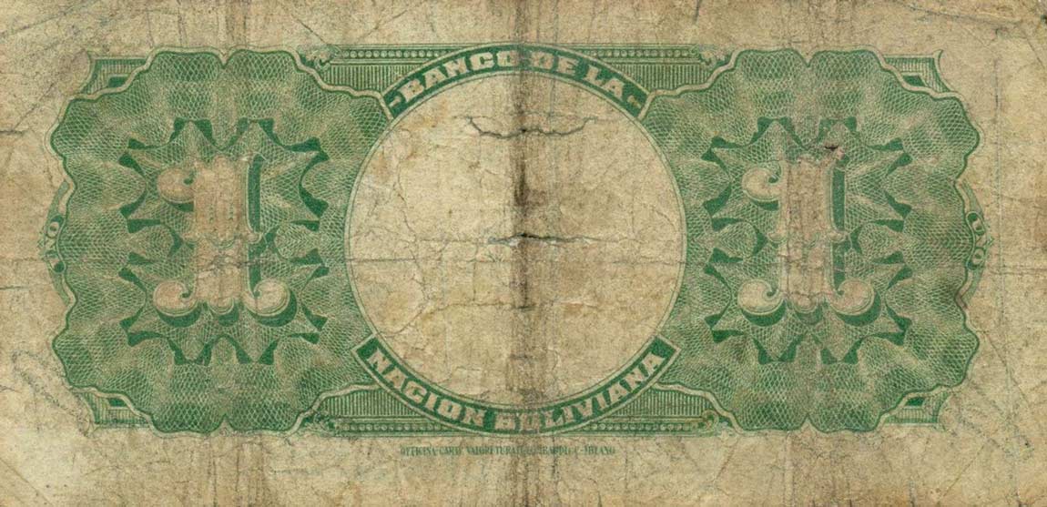 Back of Bolivia p104: 1 Boliviano from 1911