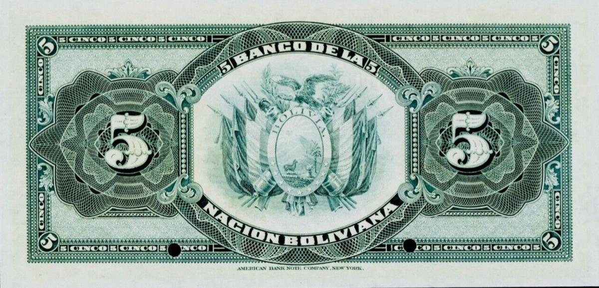 Back of Bolivia p106s: 5 Bolivianos from 1911