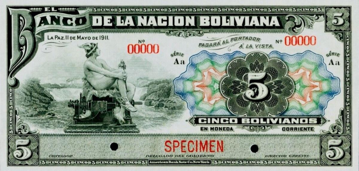 Front of Bolivia p106s: 5 Bolivianos from 1911