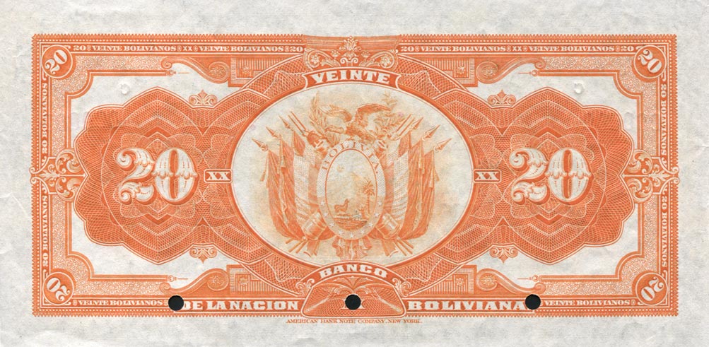 Back of Bolivia p109s: 20 Bolivianos from 1911