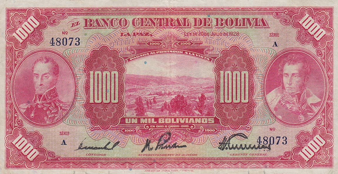 Front of Bolivia p127a: 1000 Bolivianos from 1928