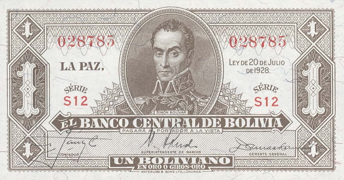 Front of Bolivia p128a: 1 Boliviano from 1928