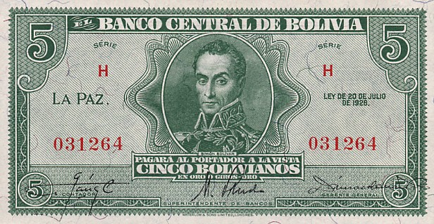 L 1928 5 Bolivanos Bolivia aUNC P-129 