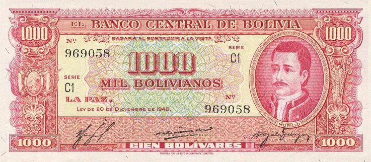 Front of Bolivia p149: 1000 Bolivianos from 1945