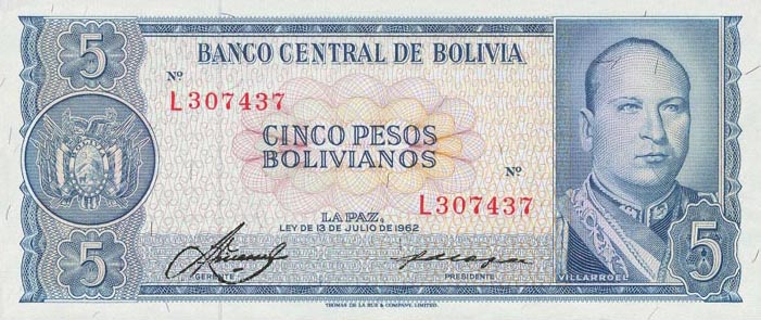 Front of Bolivia p153a: 5 Pesos Bolivianos from 1962