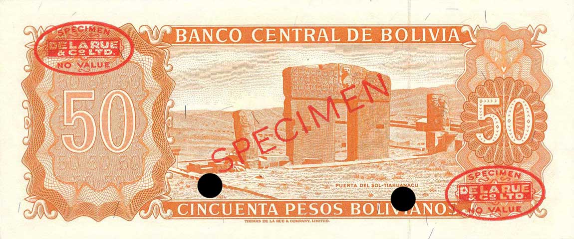 Back of Bolivia p156s: 50 Pesos Bolivianos from 1962