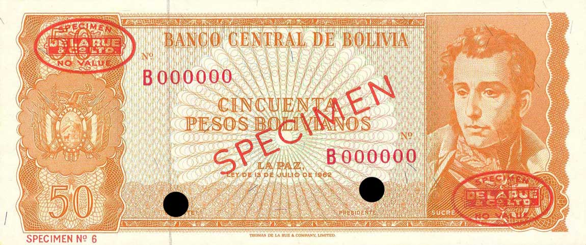 Front of Bolivia p156s: 50 Pesos Bolivianos from 1962