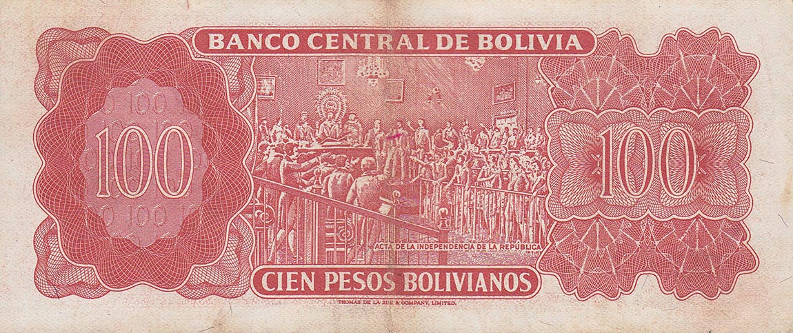Back of Bolivia p157a: 100 Pesos Bolivianos from 1962