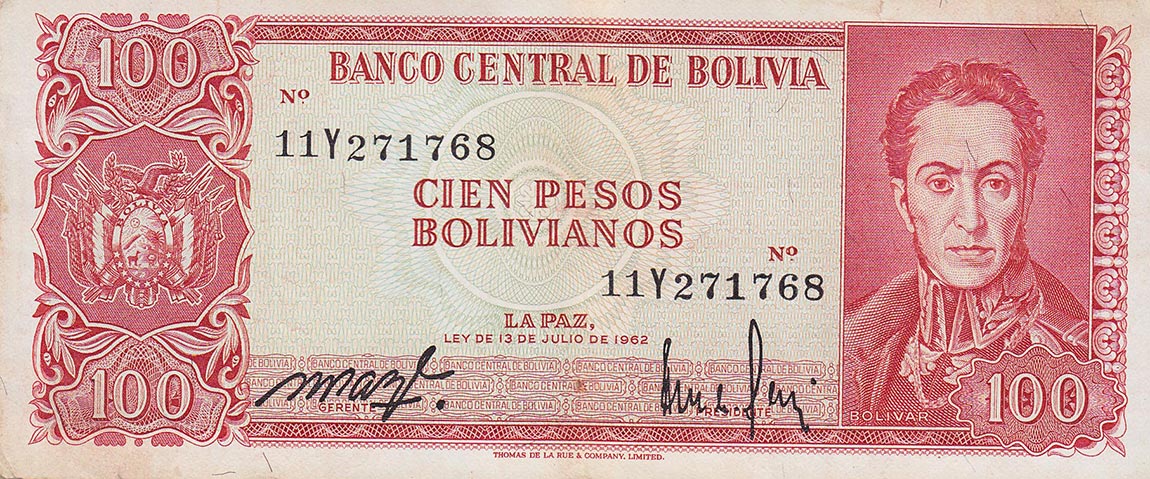 Front of Bolivia p157a: 100 Pesos Bolivianos from 1962