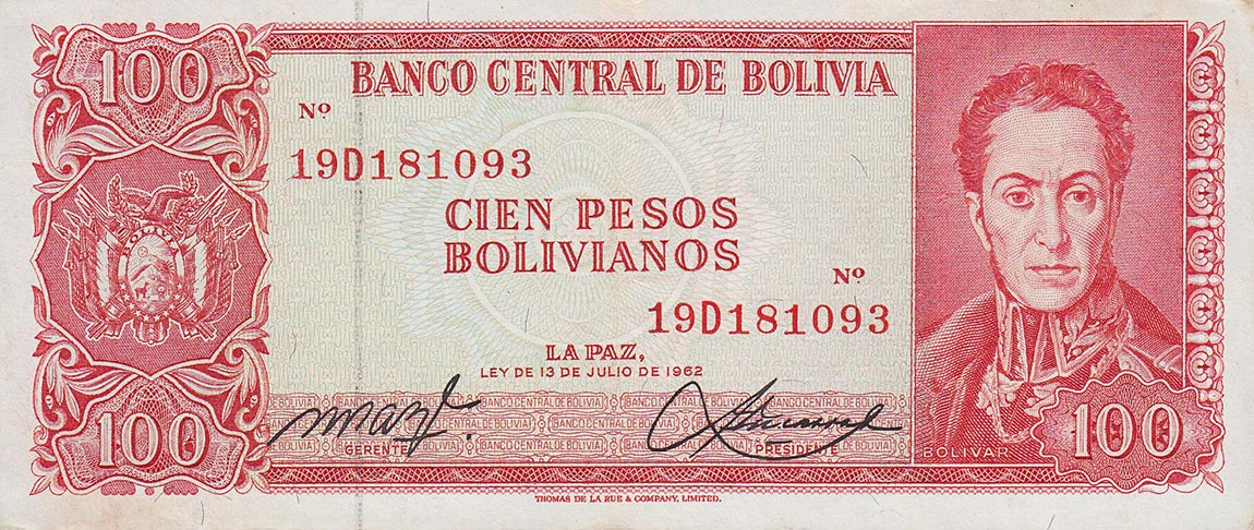 Front of Bolivia p164A: 100 Pesos Bolivianos from 1962