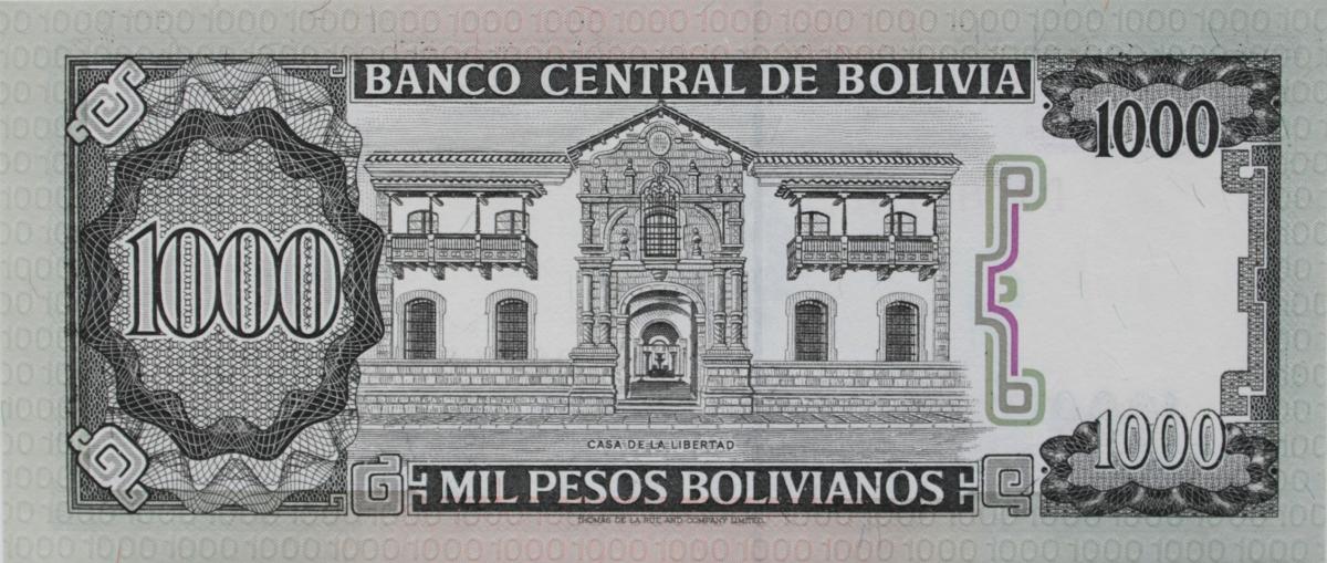 Back of Bolivia p167a: 1000 Pesos Bolivianos from 1982