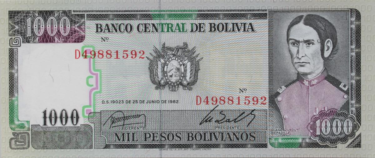 Front of Bolivia p167a: 1000 Pesos Bolivianos from 1982