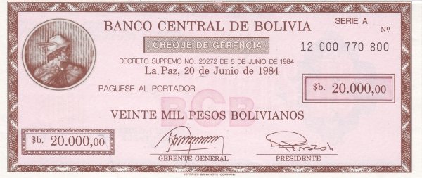 Front of Bolivia p184: 20000 Pesos Bolivianos from 1984