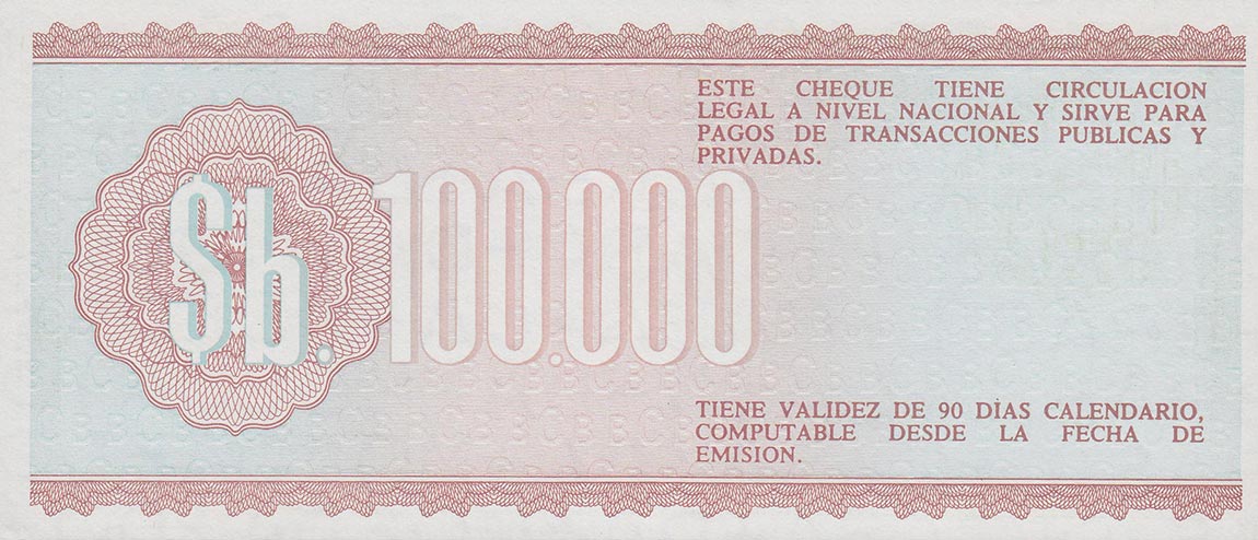 Back of Bolivia p188: 100000 Pesos Bolivianos from 1984