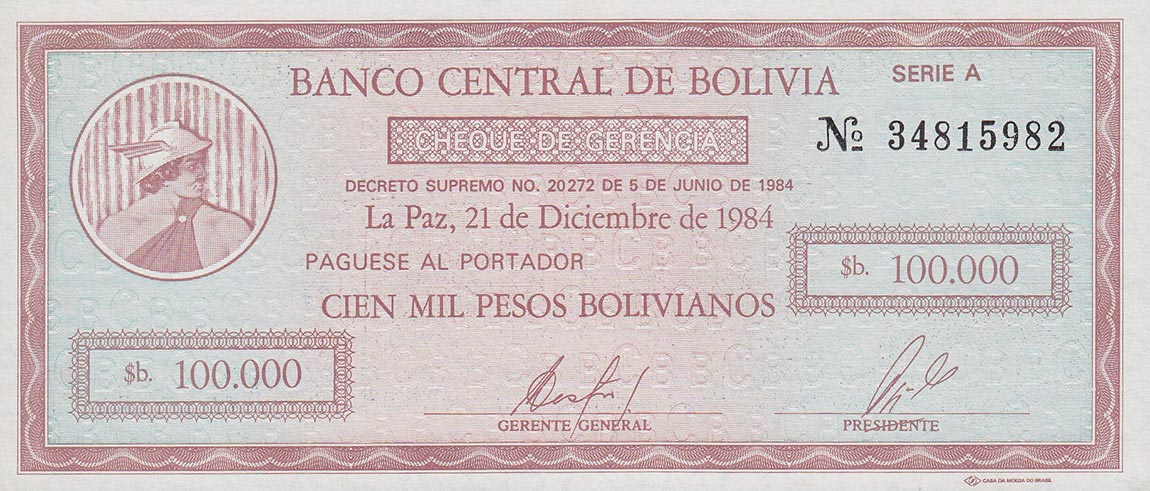 Front of Bolivia p188: 100000 Pesos Bolivianos from 1984