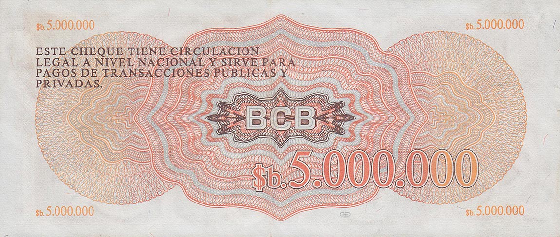 Back of Bolivia p191a: 5000000 Pesos Bolivianos from 1985