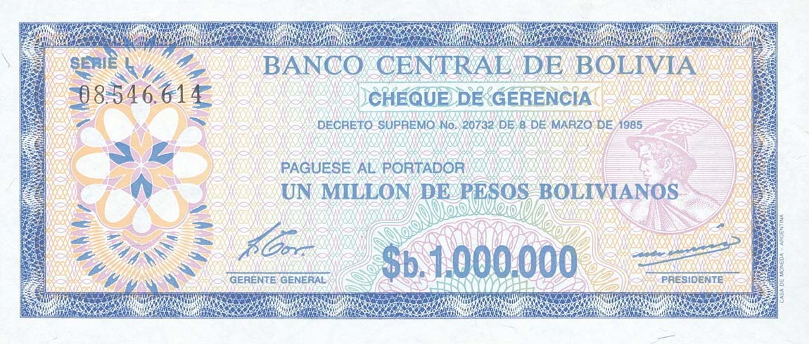 Front of Bolivia p192Ca: 1000000 Pesos Bolivianos from 1985