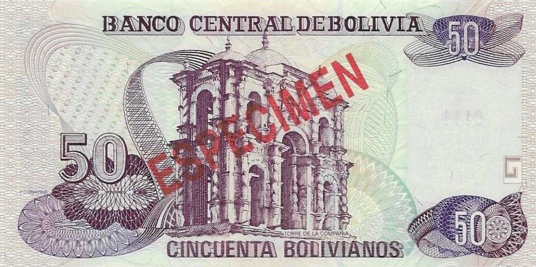 Back of Bolivia p206s: 50 Boliviano from 1987