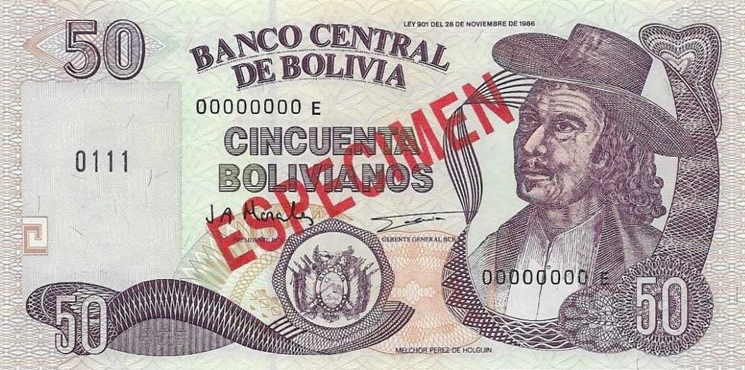Front of Bolivia p206s: 50 Boliviano from 1987