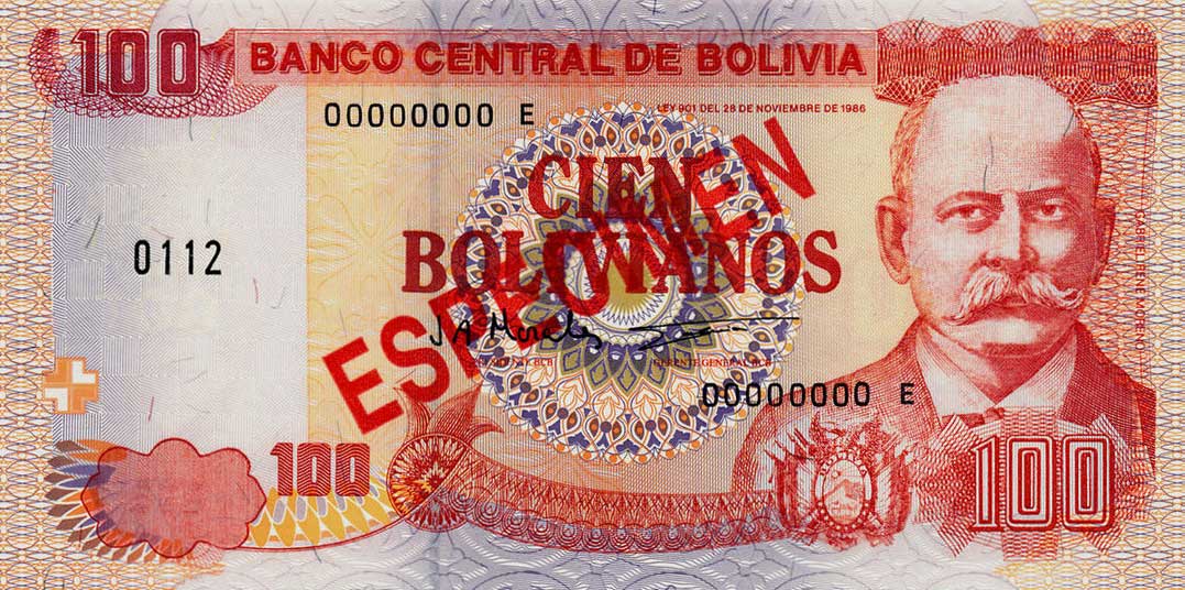 Front of Bolivia p207s: 100 Boliviano from 1987
