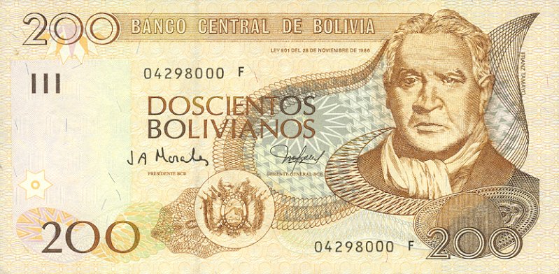 Front of Bolivia p227: 200 Boliviano from 2001